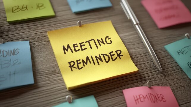 A colorful sticky note displays "MEETING REMINDER," surrounded by other notes, on a wooden surface with a pen beside it, upcoming meeting announcement, meeting break screen