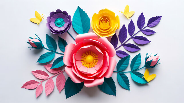 “Paper flower arrangement on white background pink rose with yellow center, yellow rose, purple flower, decorations (1) - Powered by Adobe