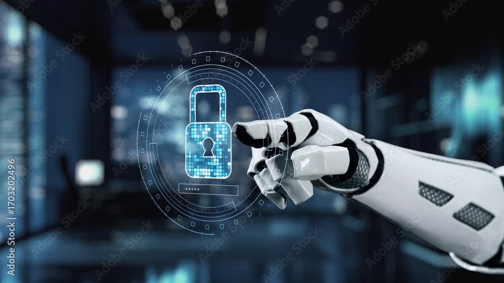 Aufkleber a robotic arm interacts with a digital interface featuring a secured lock, symbolizing advancements 