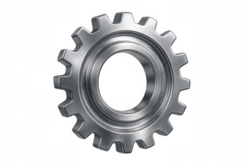 Chrome steel gear rotating on transparent background, perfect for industrial and mechanical concepts