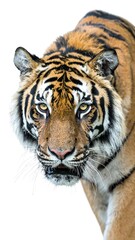Fototapeta premium Close-up of a tiger's head and shoulders, facing forward, against a white background