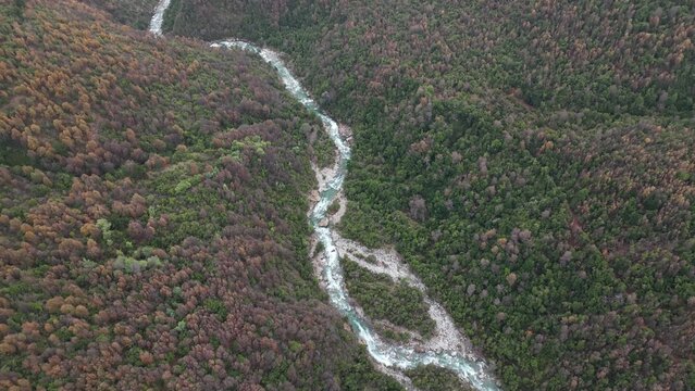 Drone view of mountain river in Andes Chile