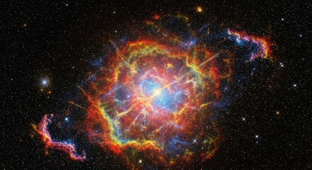 The Crab Nebula, a vibrant supernova remnant, showcases the explosive aftermath of a star's death with intricate, colorful gas structures and a bright central pulsar.