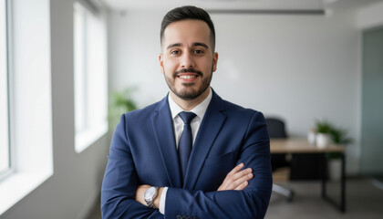 Confident leader smiling latin hispanic, middle eastern business man standing arms crossed in office looking at camera. Portrait of manager executive CEO entrepreneur
