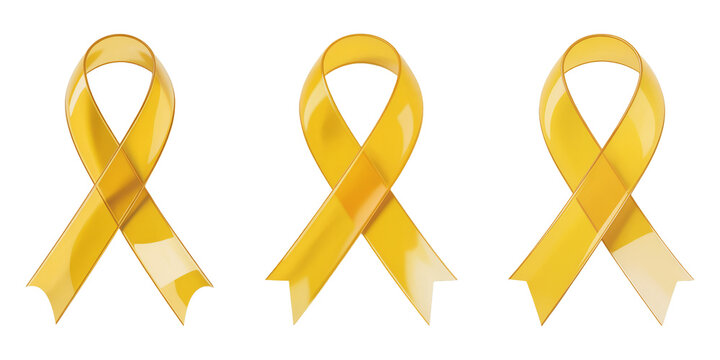 Three yellow awareness ribbons isolated on transparent background