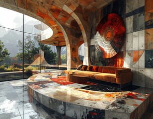 Modern Architectural Interior Design with Abstract Art and Lush Greenery