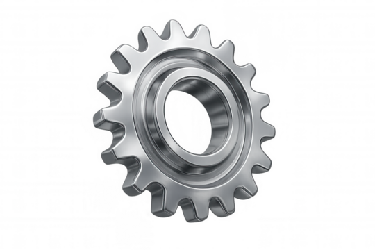 Chrome gear rotating on transparent background, perfect for representing concepts of engineering, mechanics, and teamwork