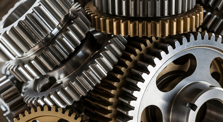 Intricate arrangement of shiny metallic gears, including gold-toned components, forming a complex mechanical system that symbolizes industry, engineering, and interconnected power