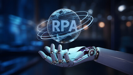 Robot presents RPA globe, automation technology innovation concept