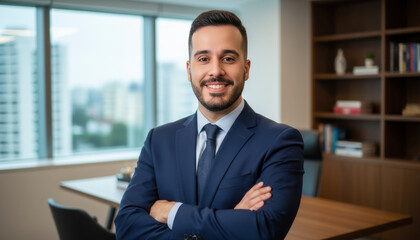 Confident leader smiling latin hispanic, middle eastern business man standing arms crossed in office looking at camera. Portrait of manager executive CEO entrepreneur