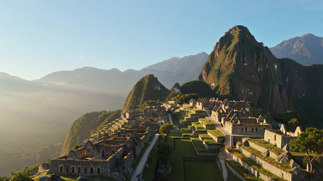 Breathtaking aerial drone footage of the ancient mountain citadel rising above the clouds in the Andes