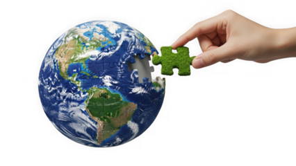 Green Puzzle Piece Completing Earth Globe