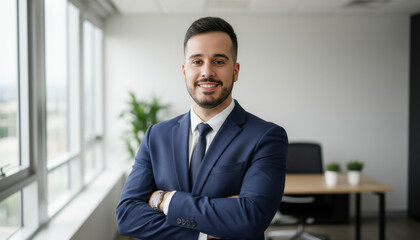 Confident leader smiling latin hispanic, middle eastern business man standing arms crossed in office looking at camera. Portrait of manager executive CEO entrepreneur