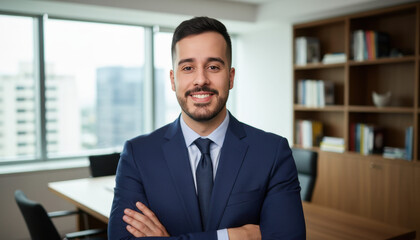 Confident leader smiling latin hispanic, middle eastern business man standing arms crossed in office looking at camera. Portrait of manager executive CEO entrepreneur