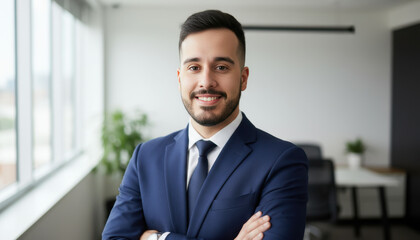 Confident leader smiling latin hispanic, middle eastern business man standing arms crossed in office looking at camera. Portrait of manager executive CEO entrepreneur