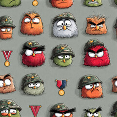 Grumpy Owl Soldiers Seamless Pattern. Military and Animal Illustration.