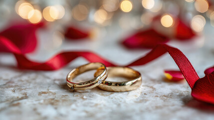 Golden wedding rings with red ribbon romantic celebration love background for marriage engagement anniversary couples and festive marketing