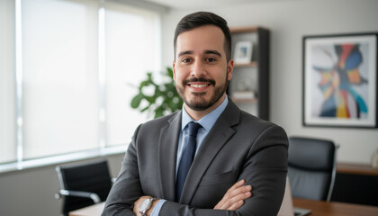 Confident leader smiling latin hispanic, middle eastern business man standing arms crossed in office looking at camera. Portrait of manager executive CEO entrepreneur
