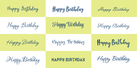 Happy birthday typography greeting clipart set with decorative calligraphy, black handwritten lettering font style, graphic collection design for party celebration, cards, and invitations