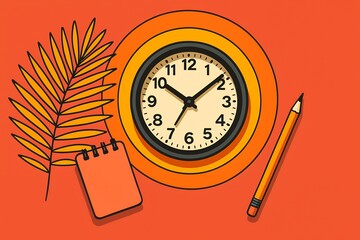 Retro Clock, Notepad, Pencil, Palm Leaf:  Warm Orange Minimalist Design