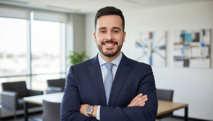Confident leader smiling latin hispanic, middle eastern business man standing arms crossed in office looking at camera. Portrait of manager executive CEO entrepreneur