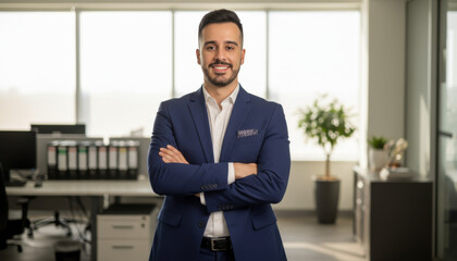 Confident leader smiling latin hispanic, middle eastern business man standing arms crossed in office looking at camera. Portrait of manager executive CEO entrepreneur