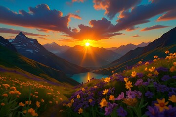 Serene Sunset: Mountain Lake, Wildflowers, Golden Hour Landscape