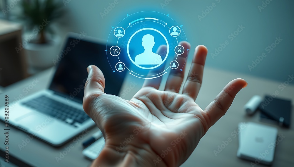 Poster hand showcasing a bright blue digital user profile interface with question mark icon image photo