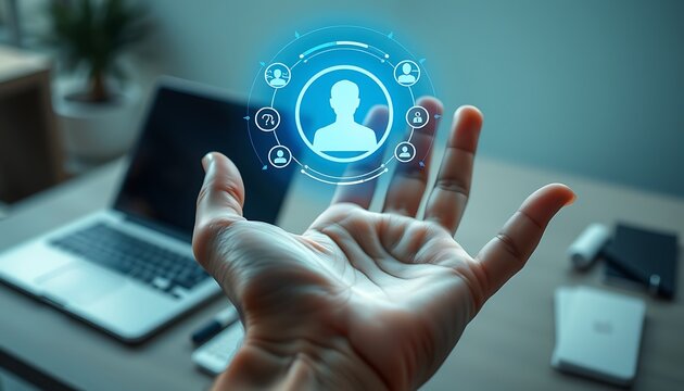 Hand showcasing a bright blue digital user profile interface with question mark icon image photo - Powered by Adobe