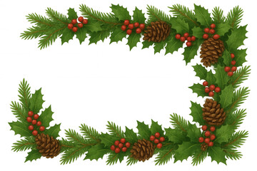 Festive holiday frame featuring holly leaves, red berries, pine cones, and fir branches creating decorative seasonal border against transparent background