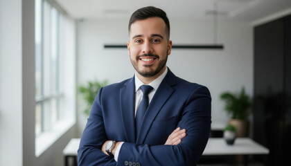 Confident leader smiling latin hispanic, middle eastern business man standing arms crossed in office looking at camera. Portrait of manager executive CEO entrepreneur