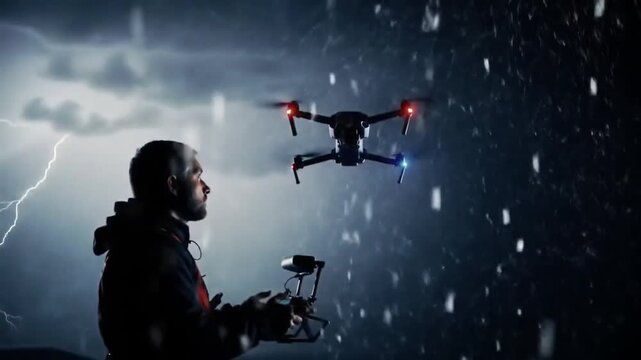 Daring Drone Pilot Navigating Through a Tempestuous Storm with Lightning Strikes