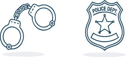 Fototapeta premium Handcuffs and police badge represent law enforcement and security on a clean white backdrop, conveying authority and justice in a minimalist style.