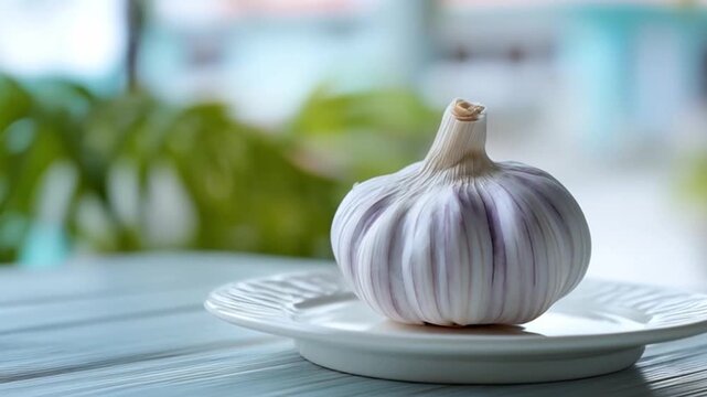 Fresh Garlic Bulb on a White Plate Surrounded by Greenery