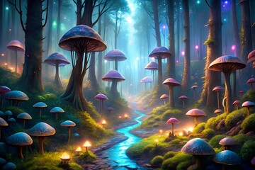 Enchanted Forest Path: Glowing Mushrooms, Mystical Stream, Fantasy Landscape
