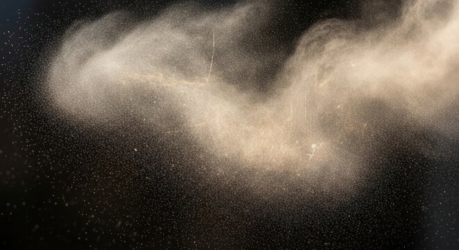 A cloud of fine, light-colored dust particles suspended in the air against a dark background, illuminated by a soft light source.