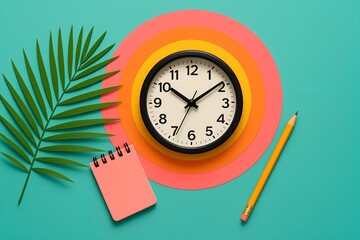 Summer Time Management Clock Pencil Notepad Palm Leaf