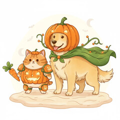 Fototapeta premium halloween cat and Dog with pumpkin illustration in White Background 