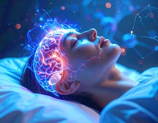 Person Sleeping with Brain Activity Visualization
