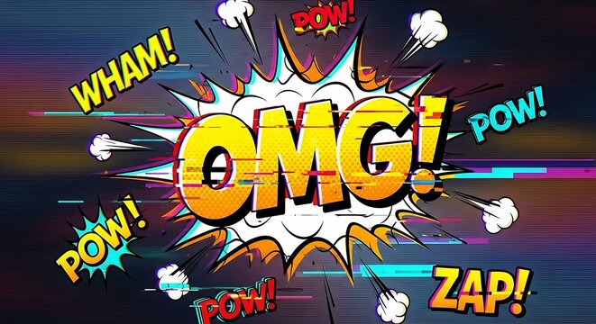 Dynamic comic book-style graphic design featuring distorted text and vibrant colors, set against a dark background.