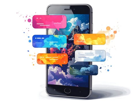 A smartphone displays a landscape with vibrant message bubbles floating around it.