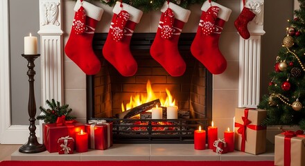 Cozy Christmas Fireplace with Hanging Red Stockings and Gifts.
