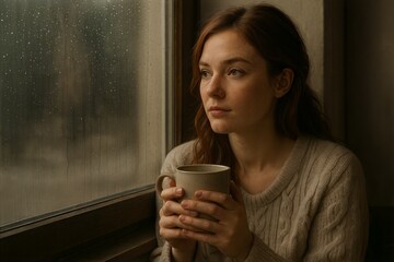 Young Woman Contemplating by Rainy Window with Warm Drink
