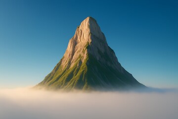 Serene Green Mountain Peak Above Clouds: Sunrise, Digital Art, Tranquil Mood