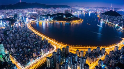 Fototapeta premium 夜, シティ, 都市景観, 風景, 建築, 景色, 空, 夕焼け, 全景, タウンズ, アーバン, 光, 地平線, ビル, 旅行, 夜