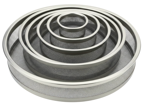 Set of round nested stainless steel mesh kitchen strainers on a transparent background