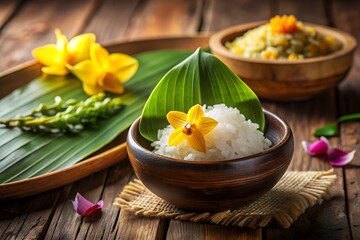 Serene Still Life: Jasmine Rice, Yellow Orchids, Wooden Bowl, Tropical Setting