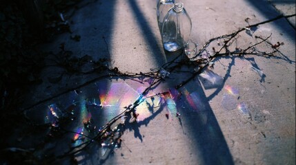 shards. Shattered sunscreen bottle refracting prismatic light with dark vines emerging through cracks. bar promotions, beverage menus, designed for product packaging and bar promotions.