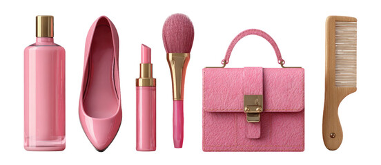 Stylish Pink Accessories Collection on Transparent Background