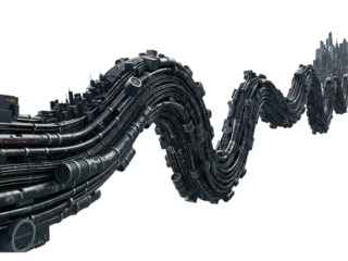 Wavy bundle of industrial pipes forming a futuristic cityscape on a transparent background
